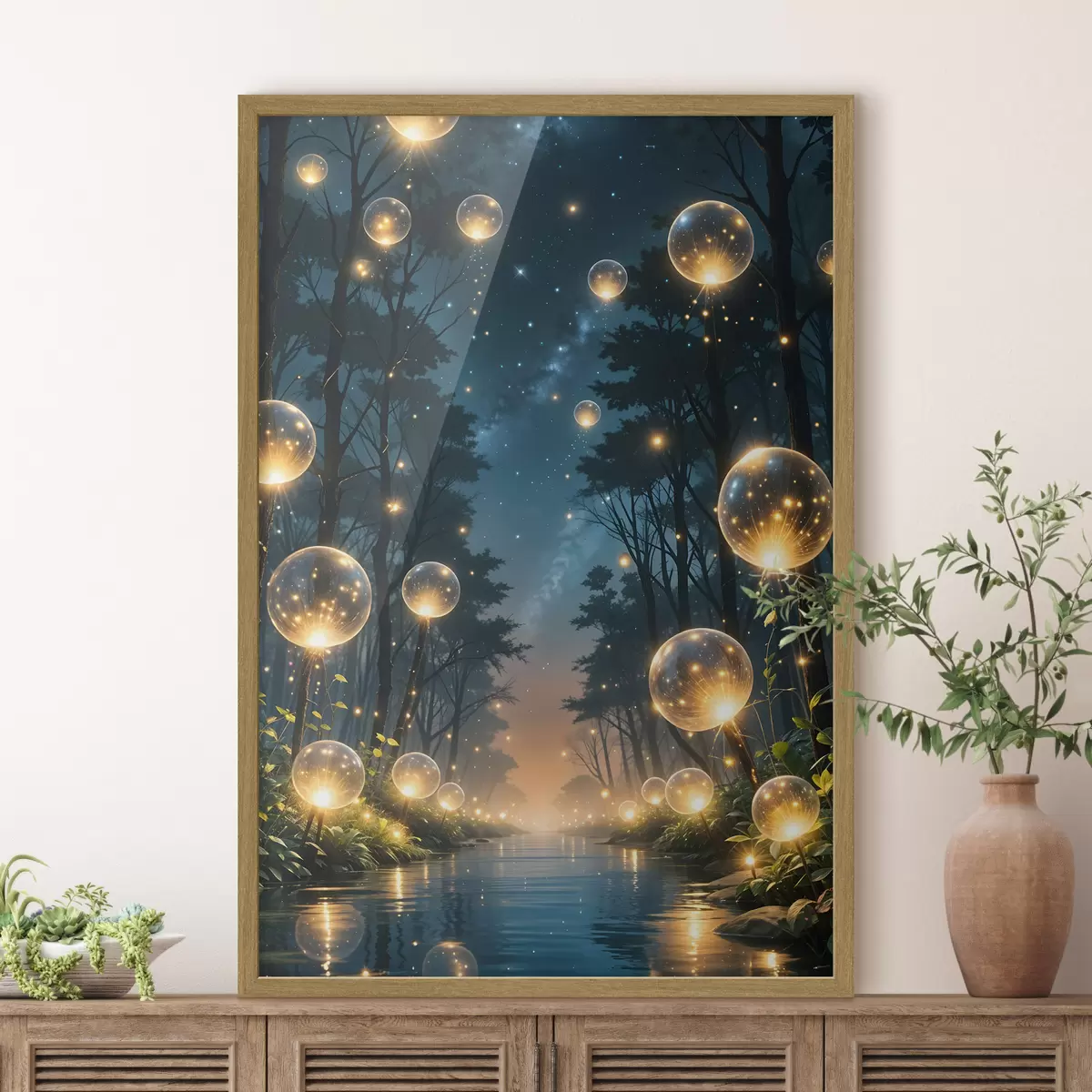 Poster Un bosque mágico de noche con orbes amarillos y luciérnagas flotando entre los árboles, creando una atmósfera caprichosa f41259