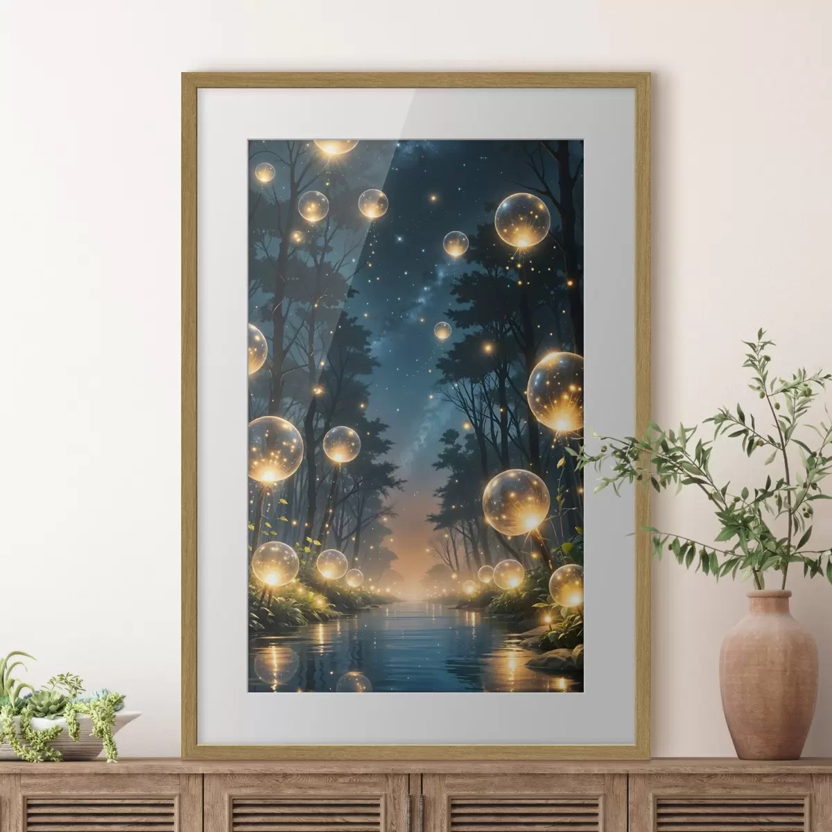 Poster Un bosque mágico de noche con orbes amarillos y luciérnagas flotando entre los árboles, creando una atmósfera caprichosa f41259