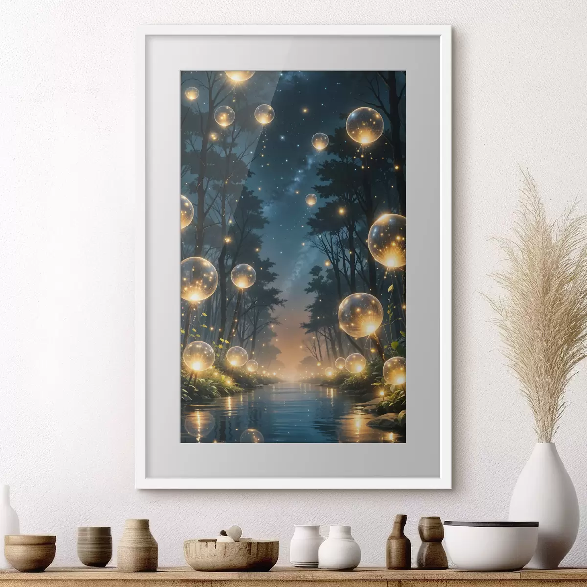 Poster Un bosque mágico de noche con orbes amarillos y luciérnagas flotando entre los árboles, creando una atmósfera caprichosa f41259