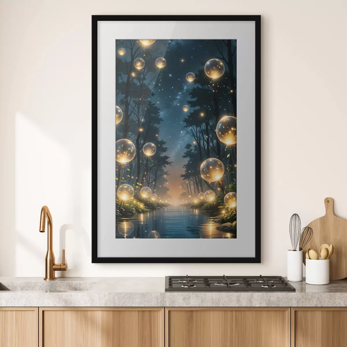Poster Un bosque mágico de noche con orbes amarillos y luciérnagas flotando entre los árboles, creando una atmósfera caprichosa f41259
