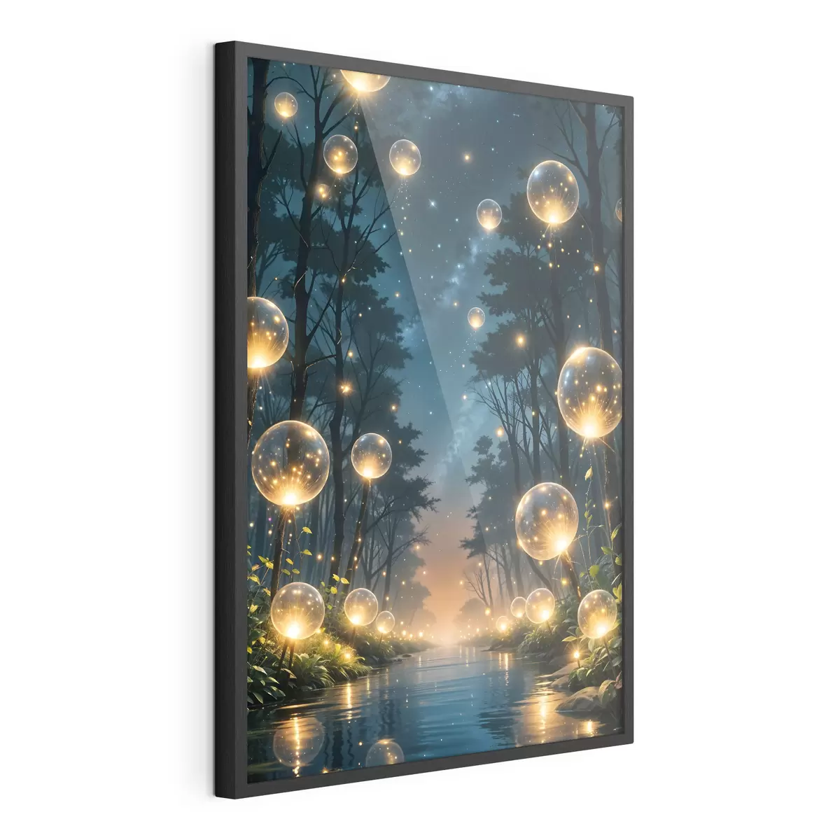 Poster Un bosque mágico de noche con orbes amarillos y luciérnagas flotando entre los árboles, creando una atmósfera caprichosa f41259