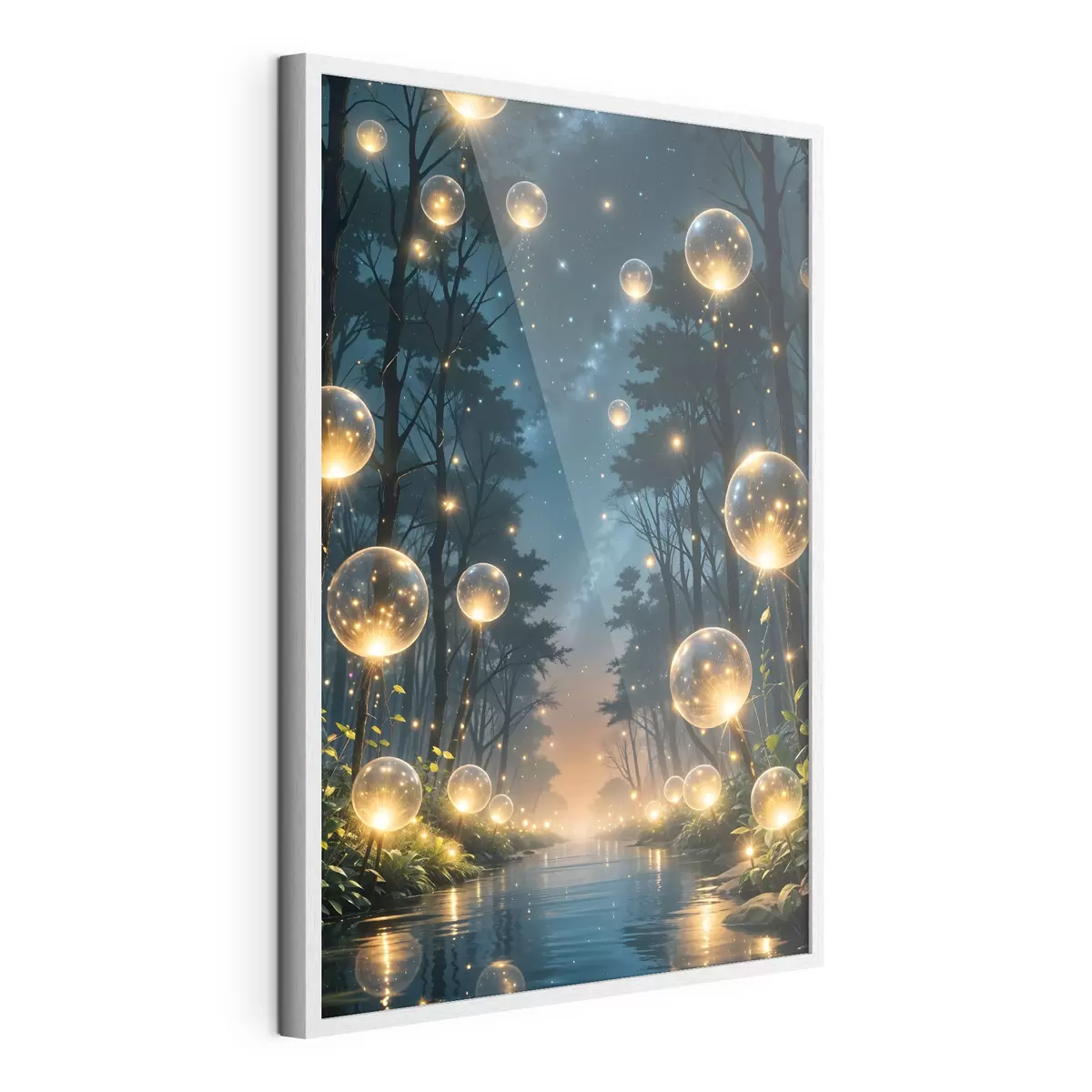 Poster Un bosque mágico de noche con orbes amarillos y luciérnagas flotando entre los árboles, creando una atmósfera caprichosa f41259