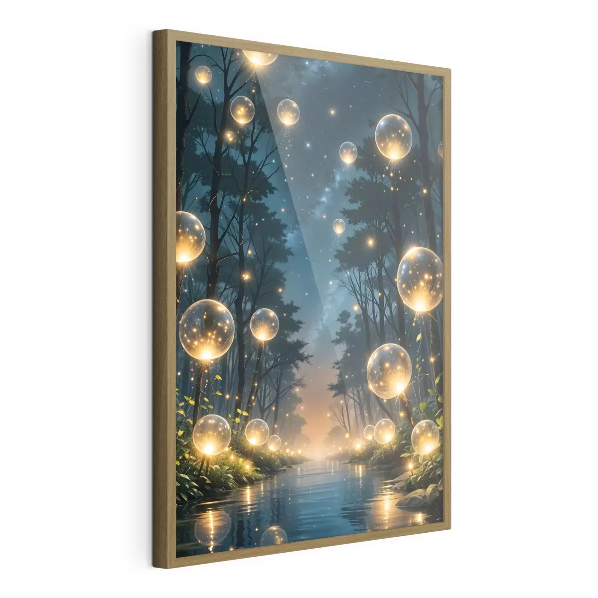 Poster Un bosque mágico de noche con orbes amarillos y luciérnagas flotando entre los árboles, creando una atmósfera caprichosa f41259