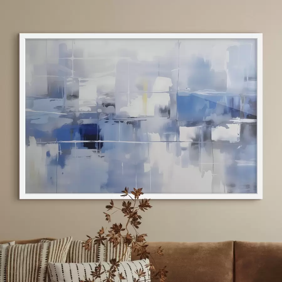 murales de pared Una abstracción moderna en tonos azules, blancos y grises con líneas y formas difuminadas f41269