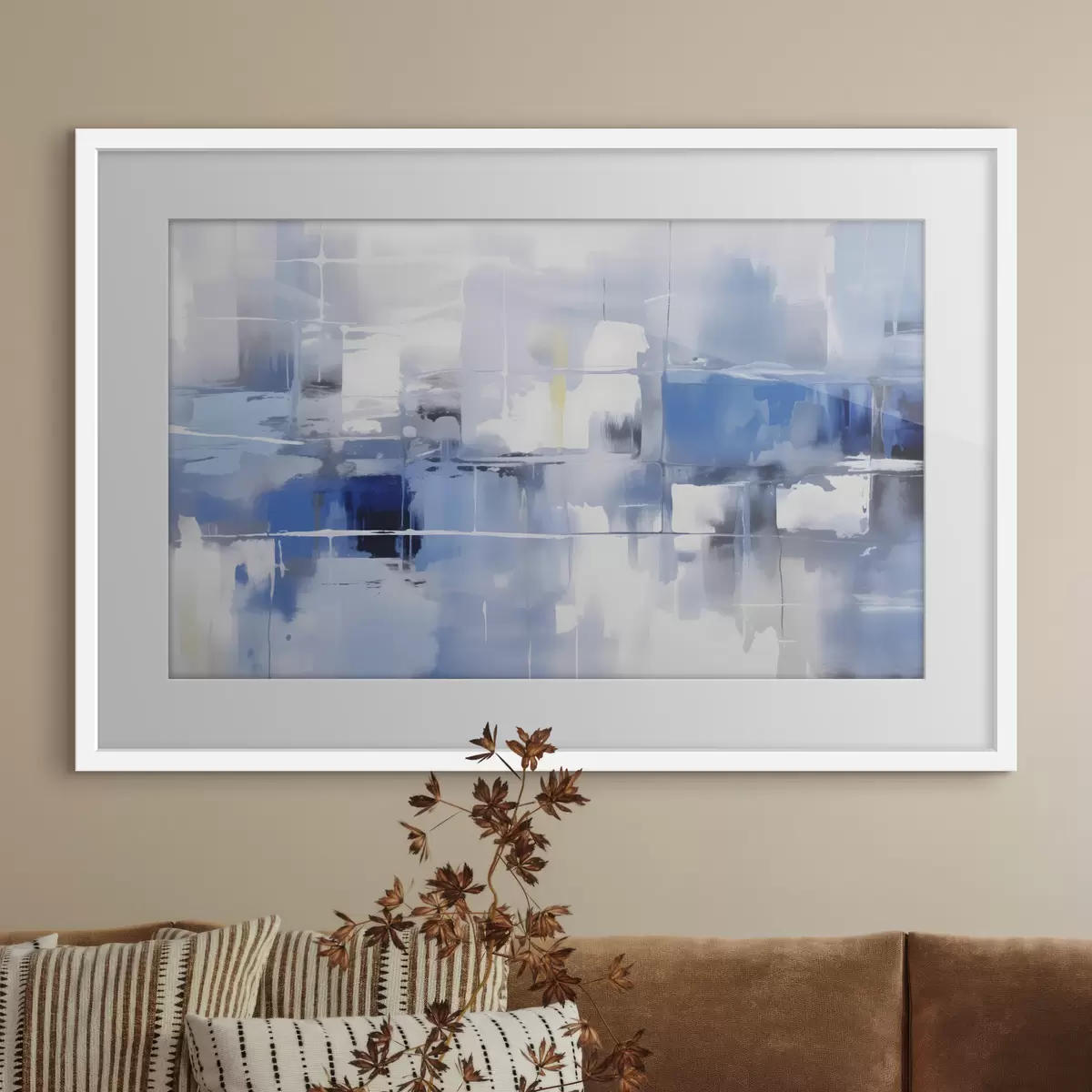 Poster Una abstracción moderna en tonos azules, blancos y grises con líneas y formas difuminadas f41269