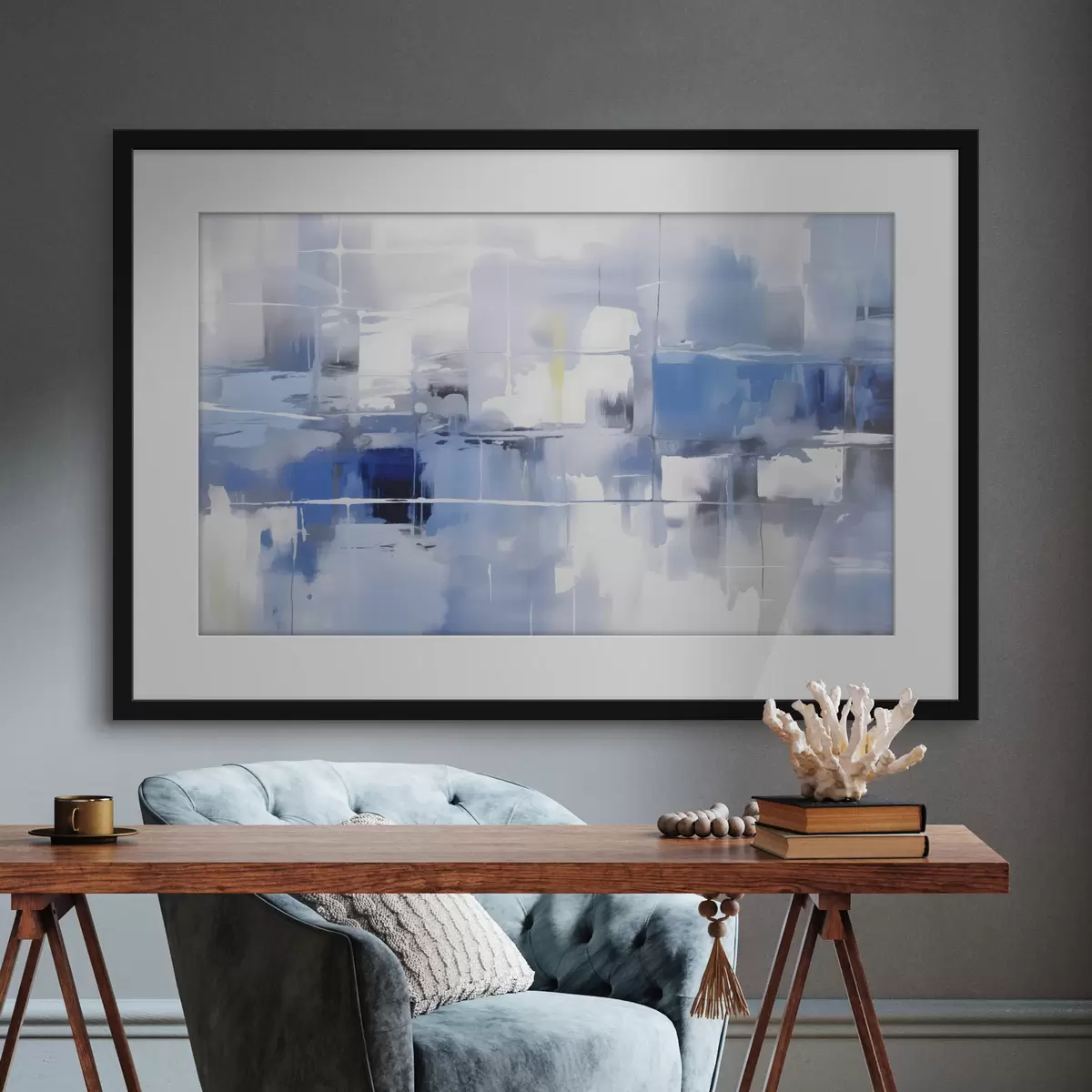 Poster Una abstracción moderna en tonos azules, blancos y grises con líneas y formas difuminadas f41269