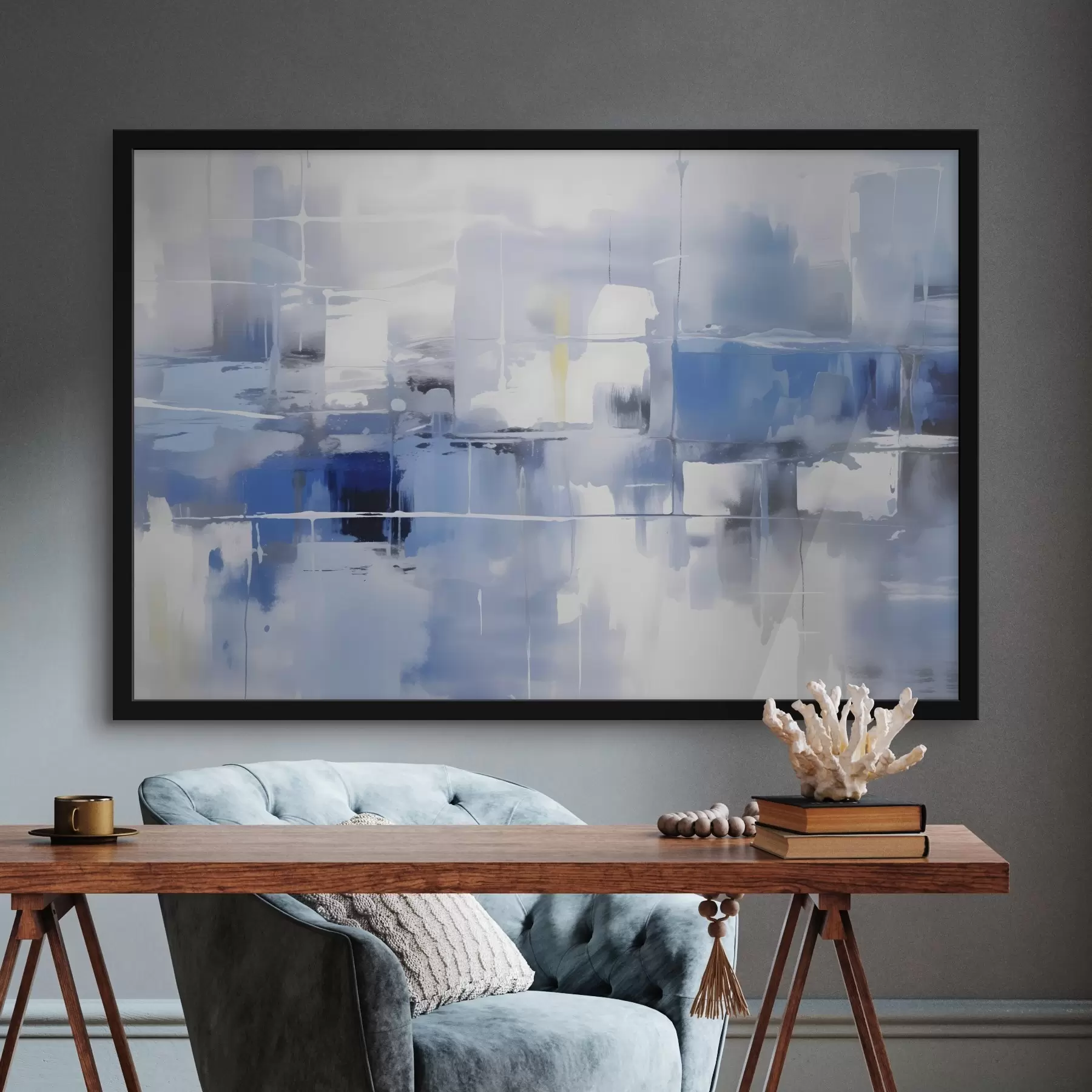 murales de pared Una abstracción moderna en tonos azules, blancos y grises con líneas y formas difuminadas f41269