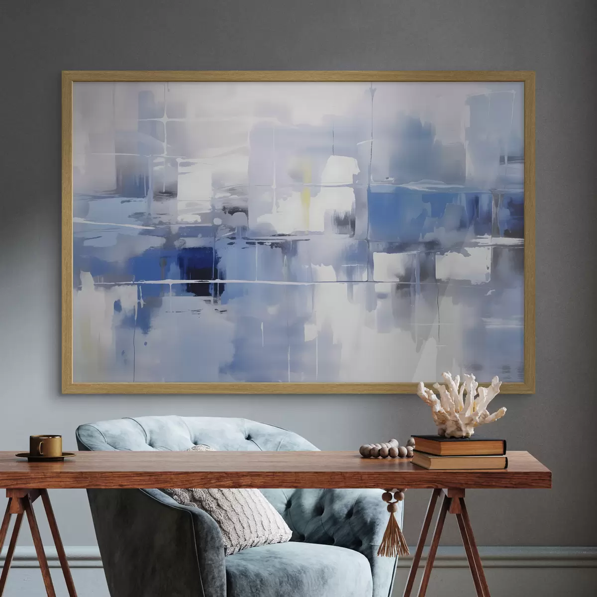 Poster Una abstracción moderna en tonos azules, blancos y grises con líneas y formas difuminadas f41269