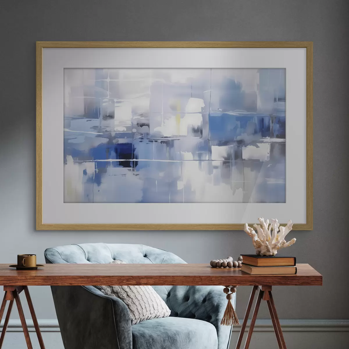 Poster Una abstracción moderna en tonos azules, blancos y grises con líneas y formas difuminadas f41269
