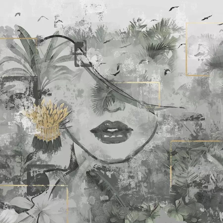 murales de pared Selva tropical grunge y silueta de la cara de una niña w01916d1