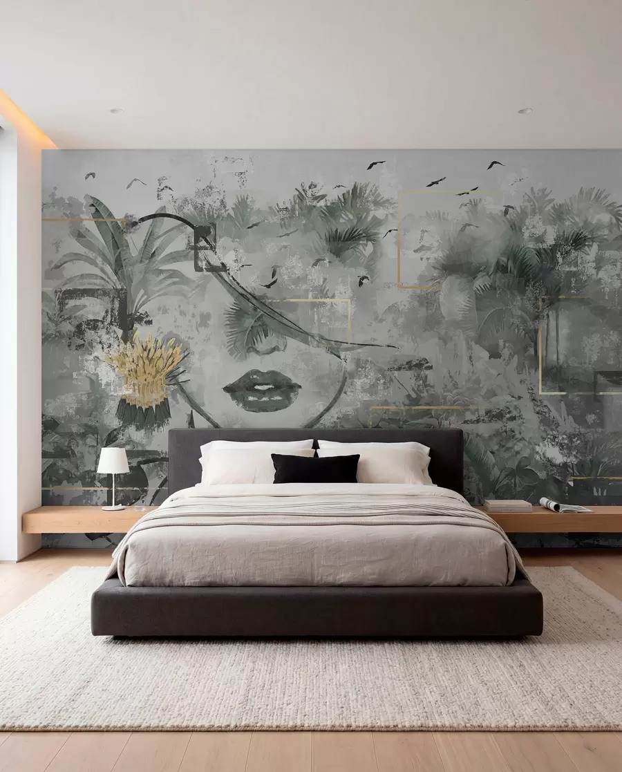 murales de pared Selva tropical grunge y silueta de la cara de una niña w01916d1