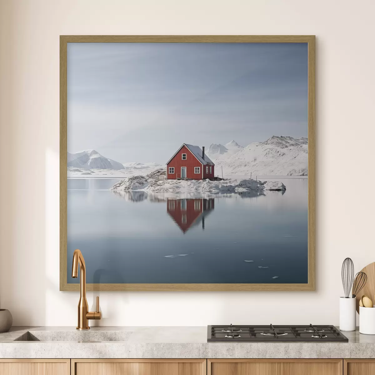 Poster Paisaje invernal minimalista casa roja junto al lago f41437