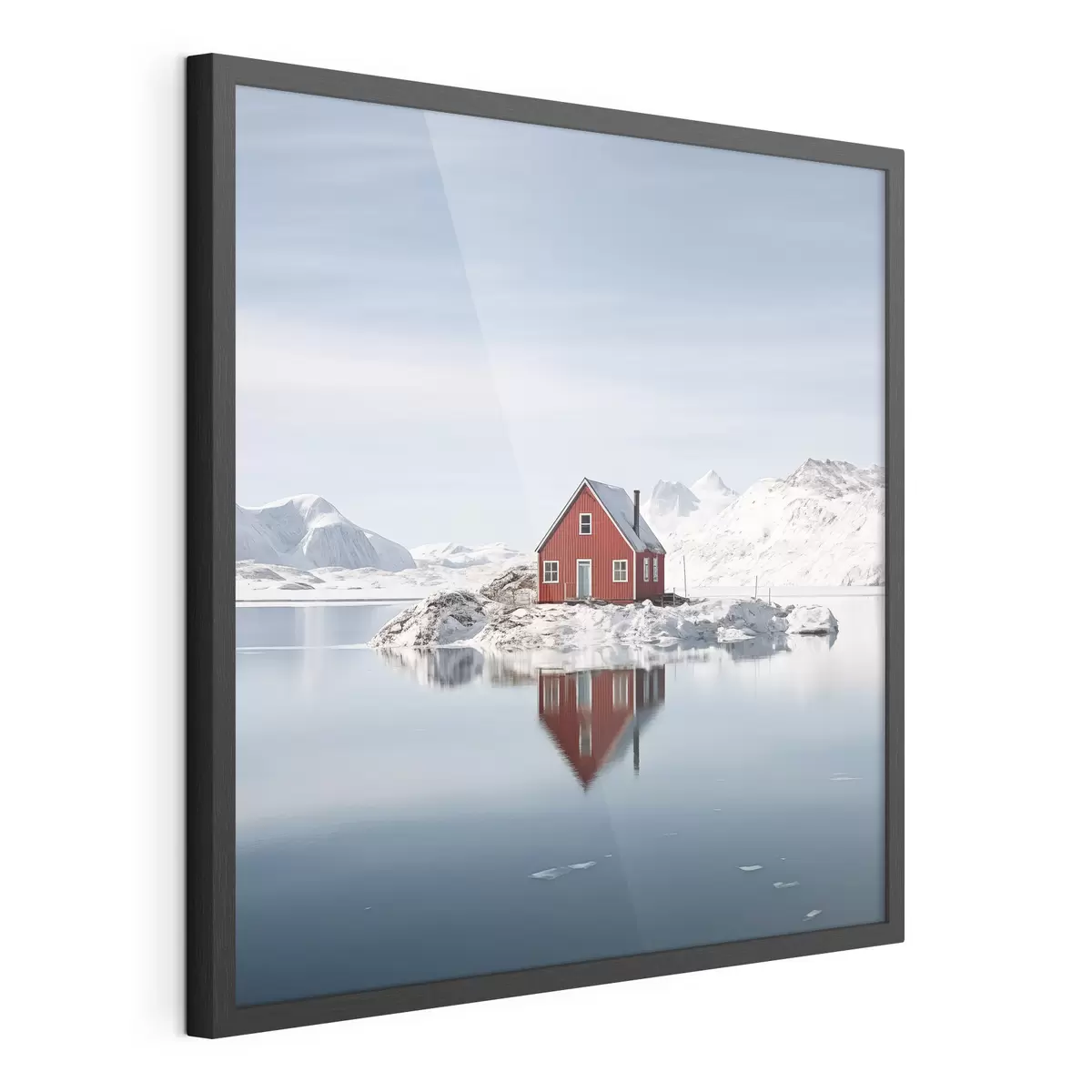 Poster Paisaje invernal minimalista casa roja junto al lago f41437