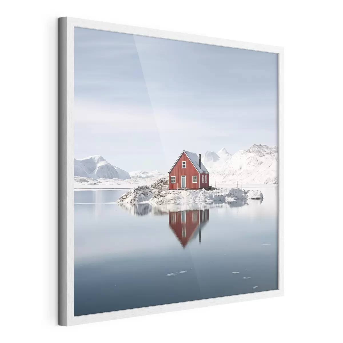Poster Paisaje invernal minimalista casa roja junto al lago f41437