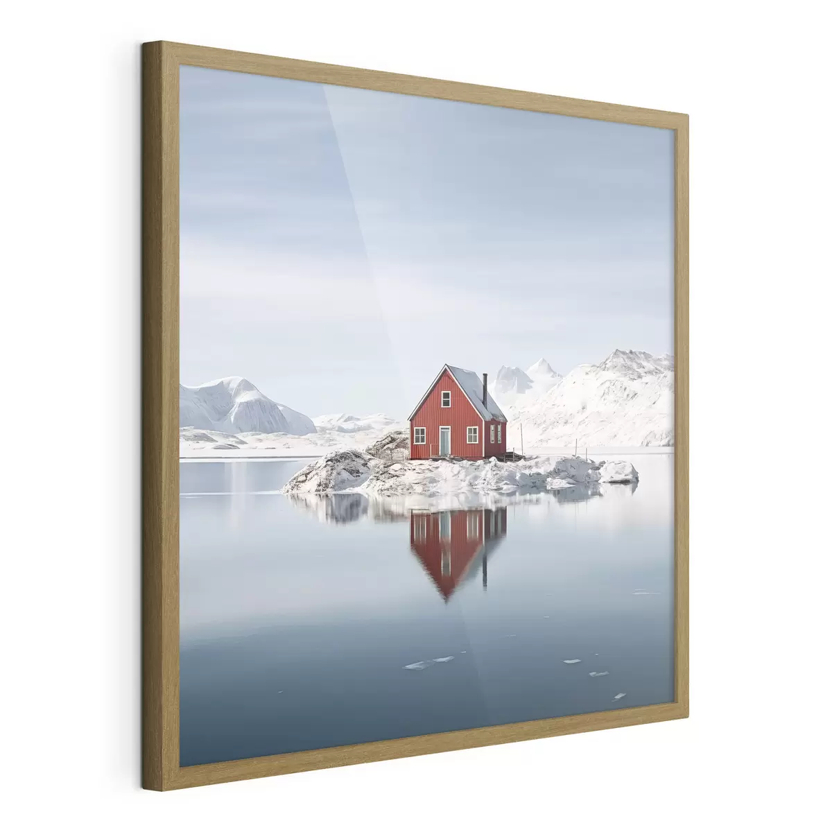 Poster Paisaje invernal minimalista casa roja junto al lago f41437
