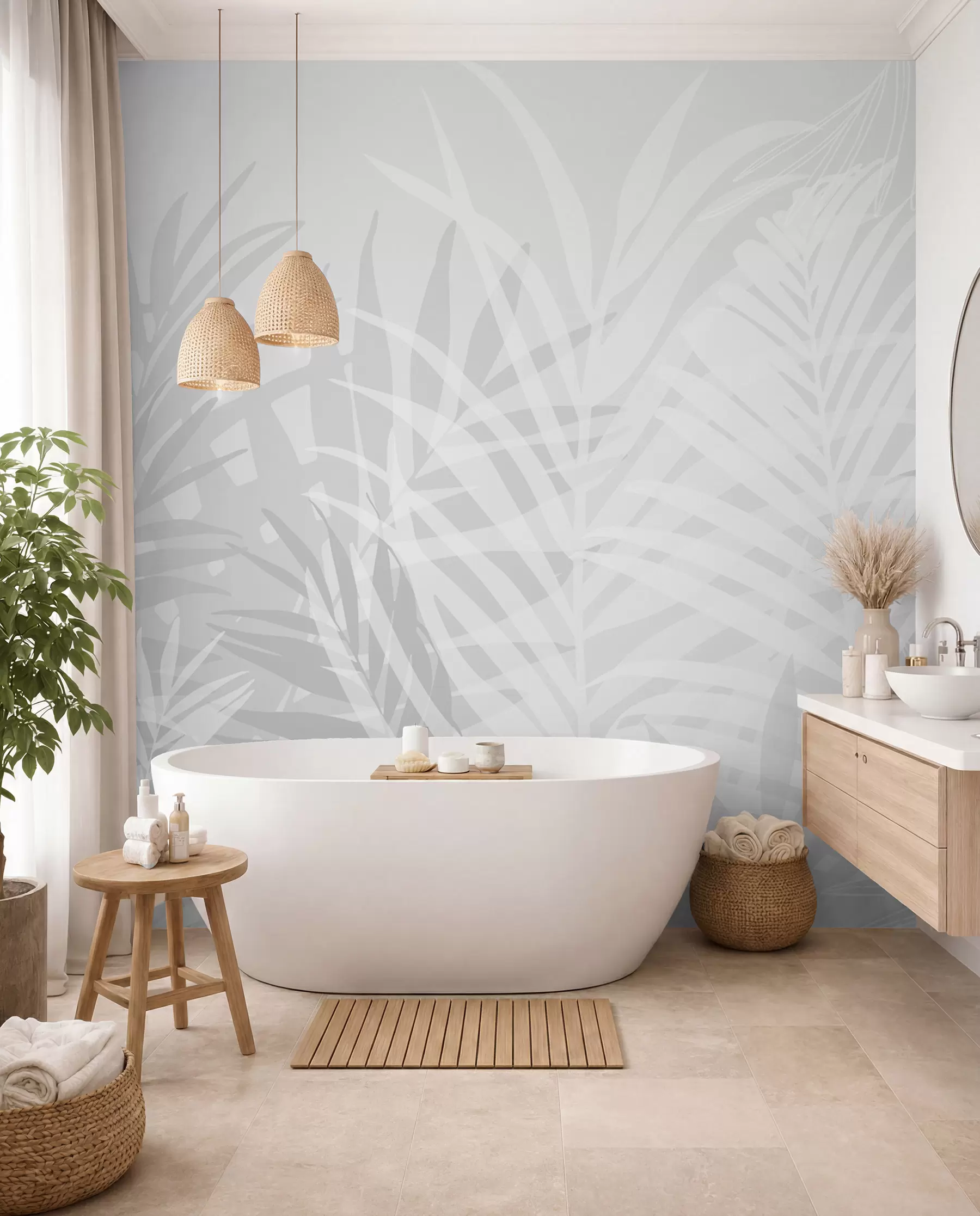 murales de pared Hojas tropicales de moda color gris w02026v1