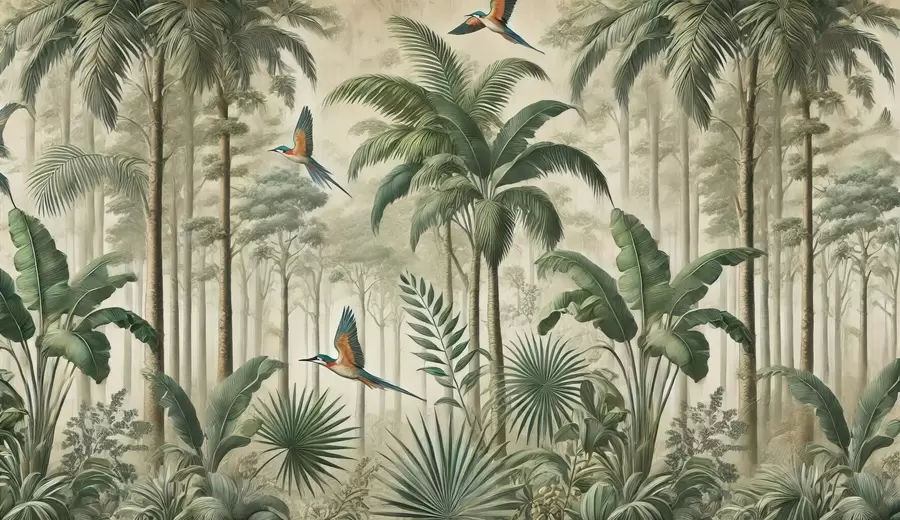 murales de pared Panorama con paisaje tropical y aves w01957