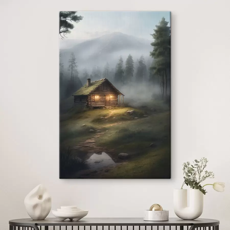 murales de pared Cabaña en un bosque brumoso s41304