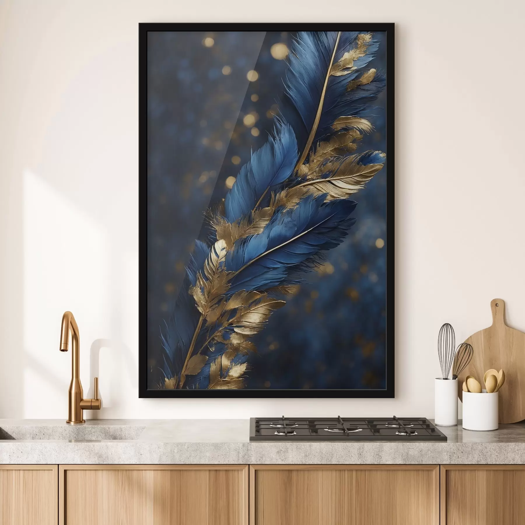 murales de pared Plumas azul-amarillo sobre fondo borroso f41296