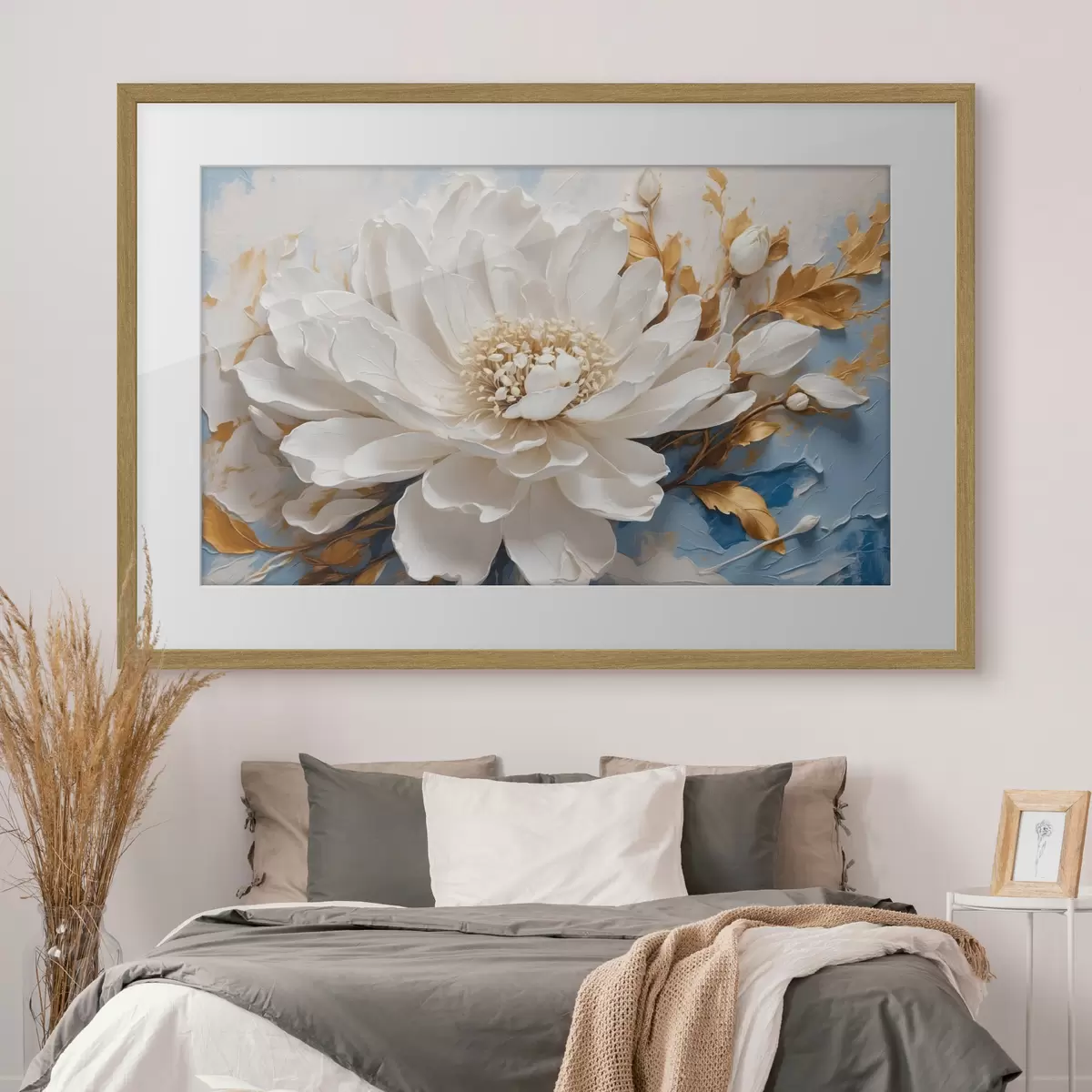 Poster Flor blanca sobre fondo blanco y azul f41311