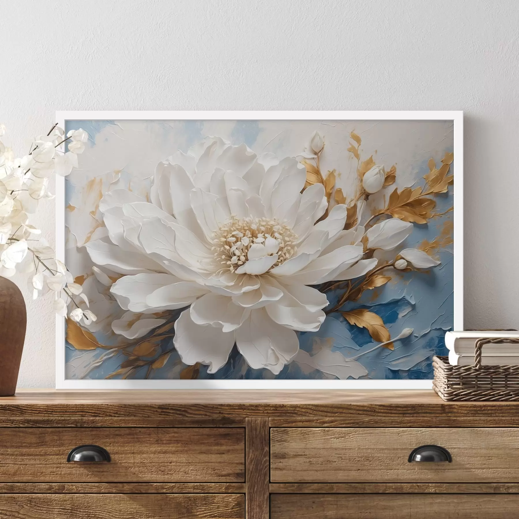 murales de pared Flor blanca sobre fondo blanco y azul f41311