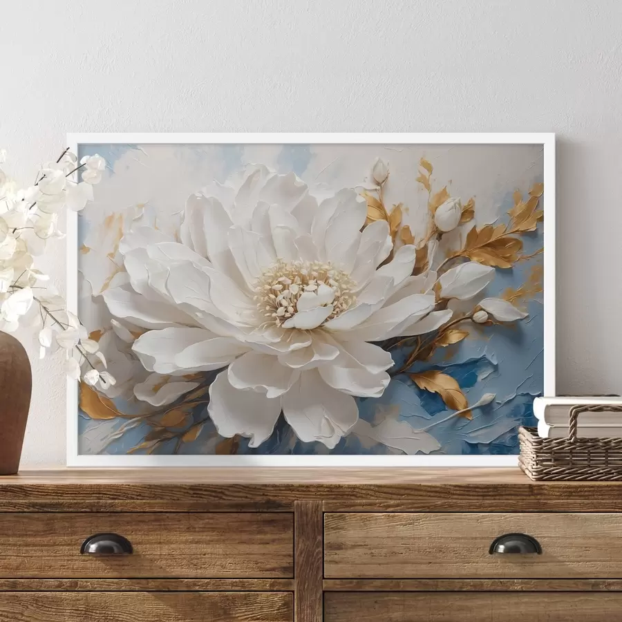 murales de pared Flor blanca sobre fondo blanco y azul f41311