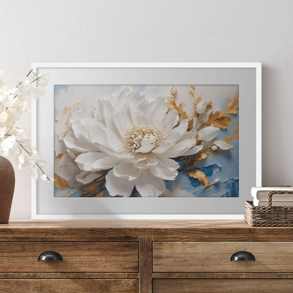Poster Flor blanca sobre fondo blanco y azul f41311