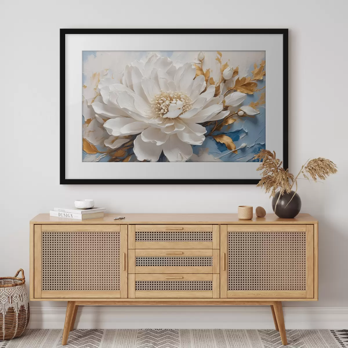 Poster Flor blanca sobre fondo blanco y azul f41311