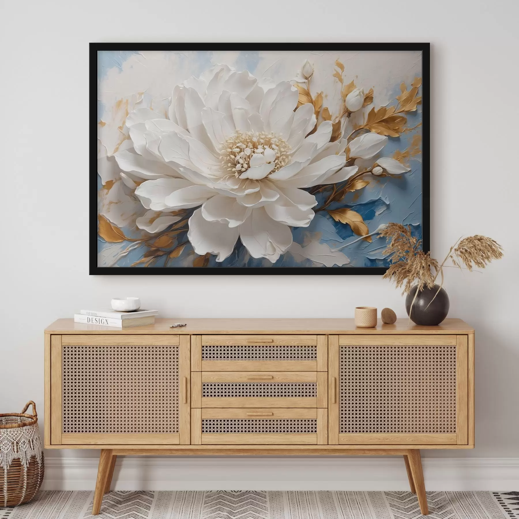 murales de pared Flor blanca sobre fondo blanco y azul f41311