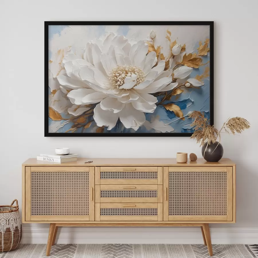 murales de pared Flor blanca sobre fondo blanco y azul f41311