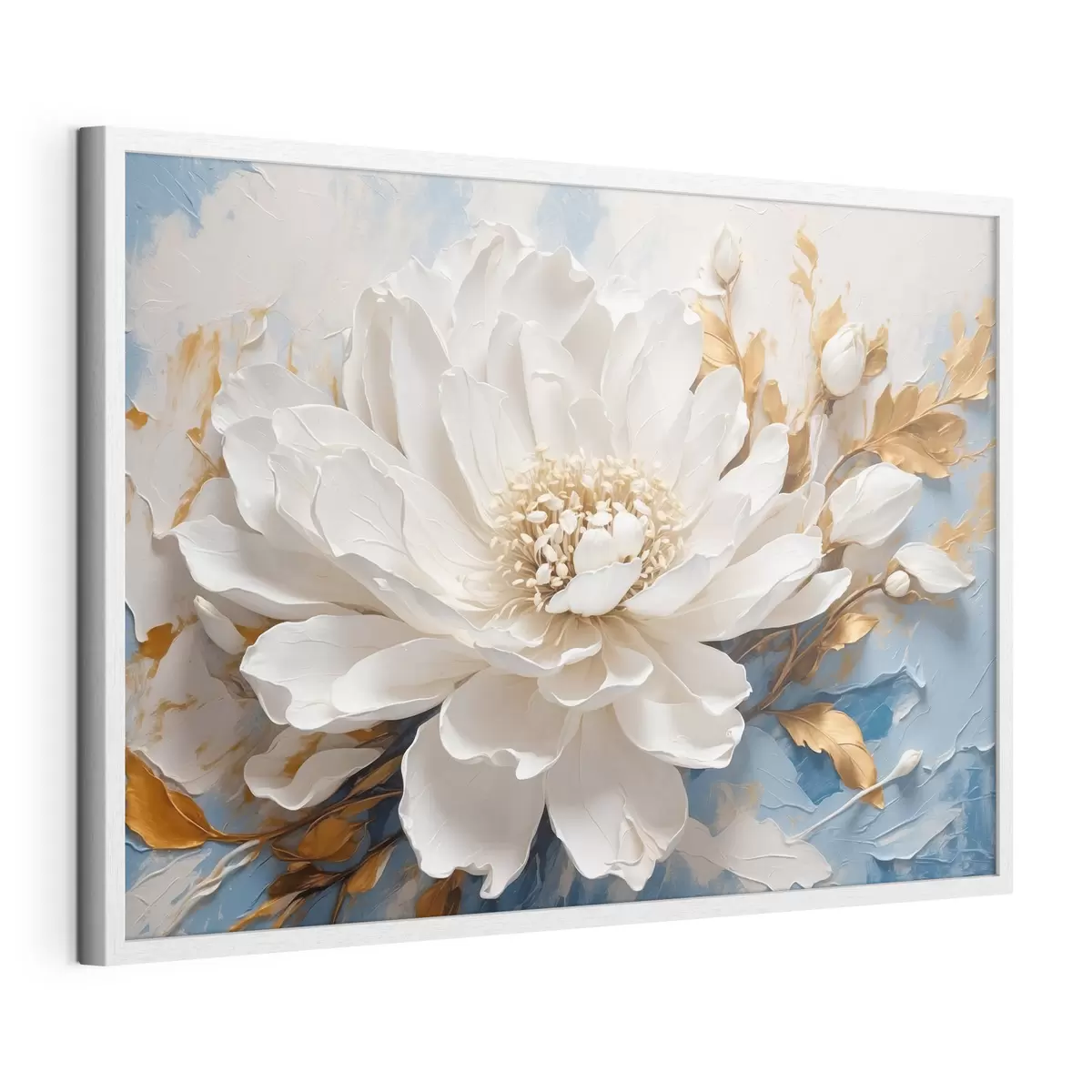 Poster Flor blanca sobre fondo blanco y azul f41311