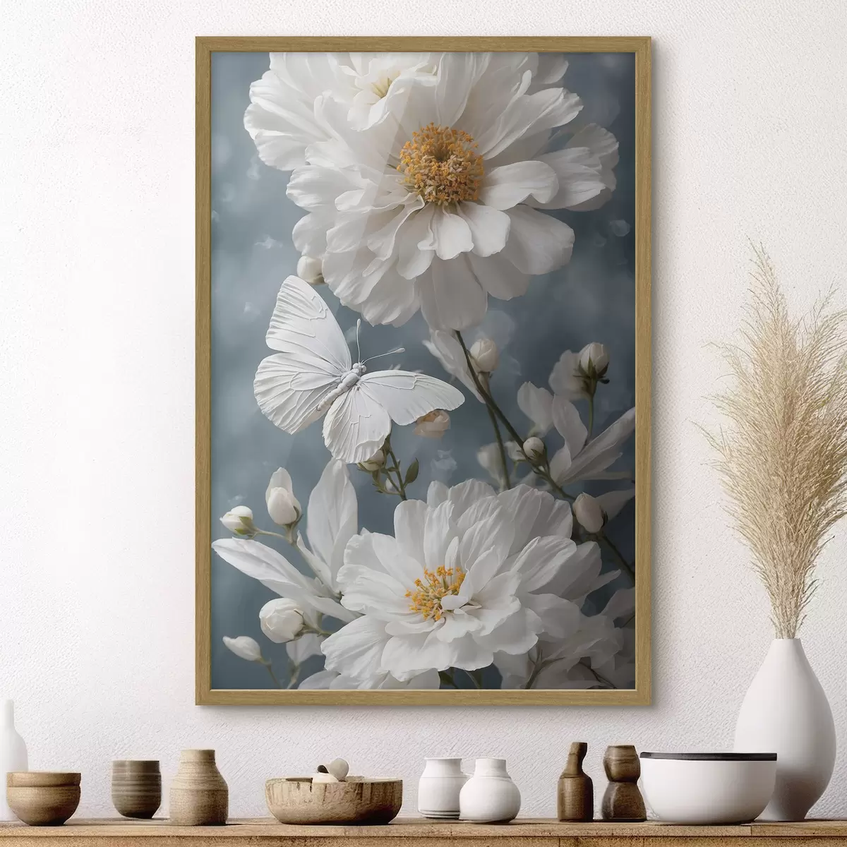 Poster Flores blancas y mariposa sobre fondo borroso f41312
