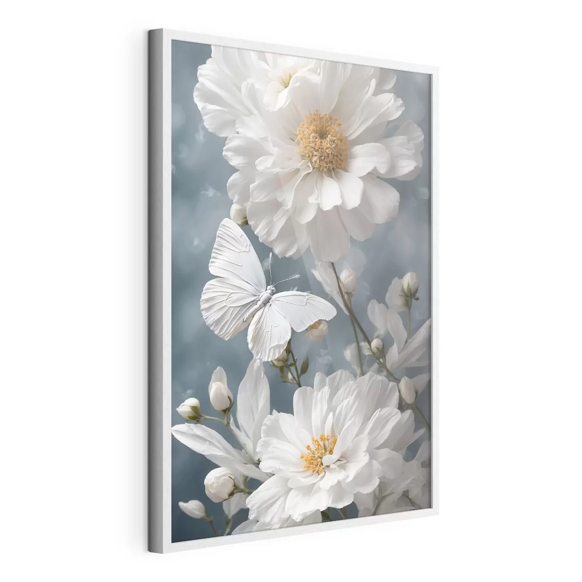 Poster Flores blancas y mariposa sobre fondo borroso f41312