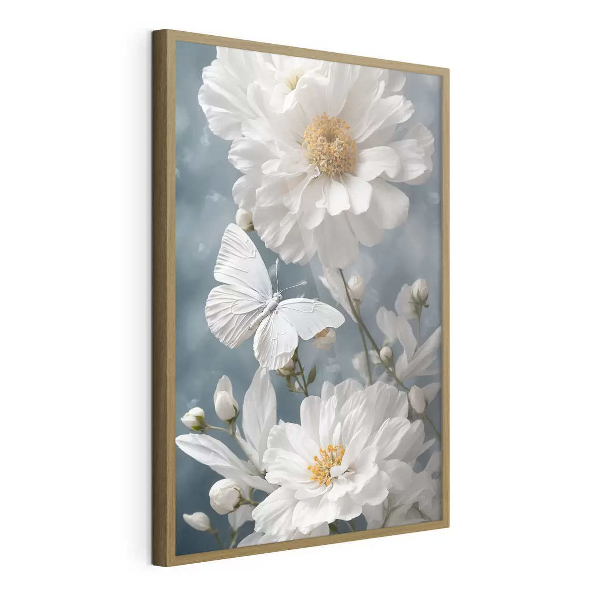 Poster Flores blancas y mariposa sobre fondo borroso f41312