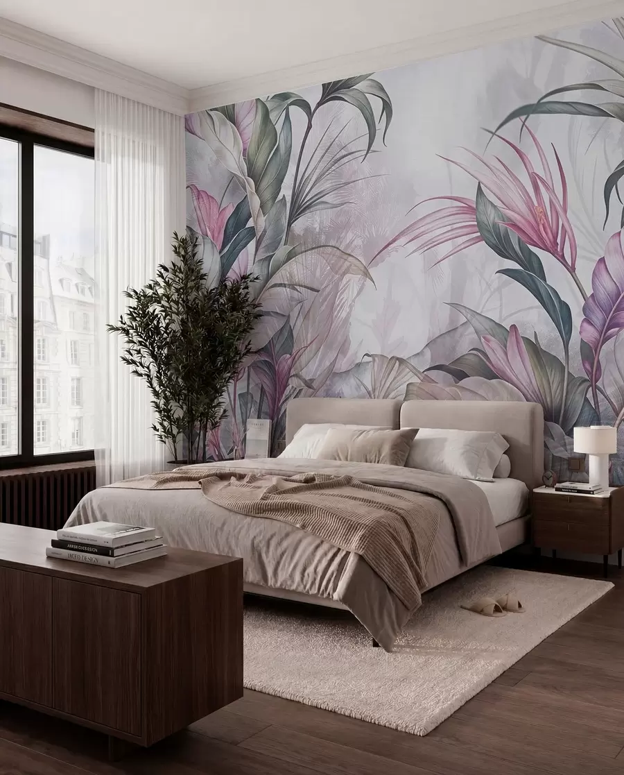 murales de pared Selva tropical con grandes hojas verdes y flores de protea rosa con fondo borroso texturizado w08375v1