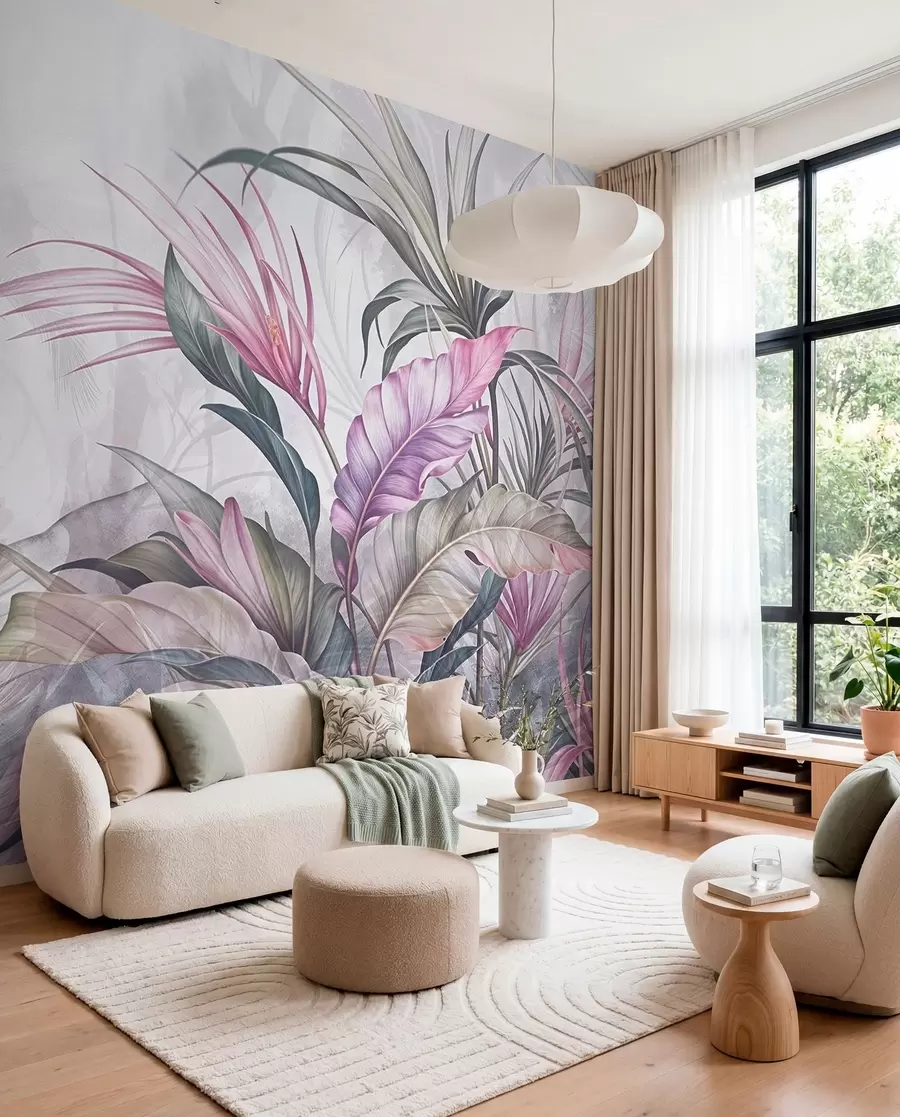murales de pared Selva tropical con grandes hojas verdes y flores de protea rosa con fondo borroso texturizado w08375v1