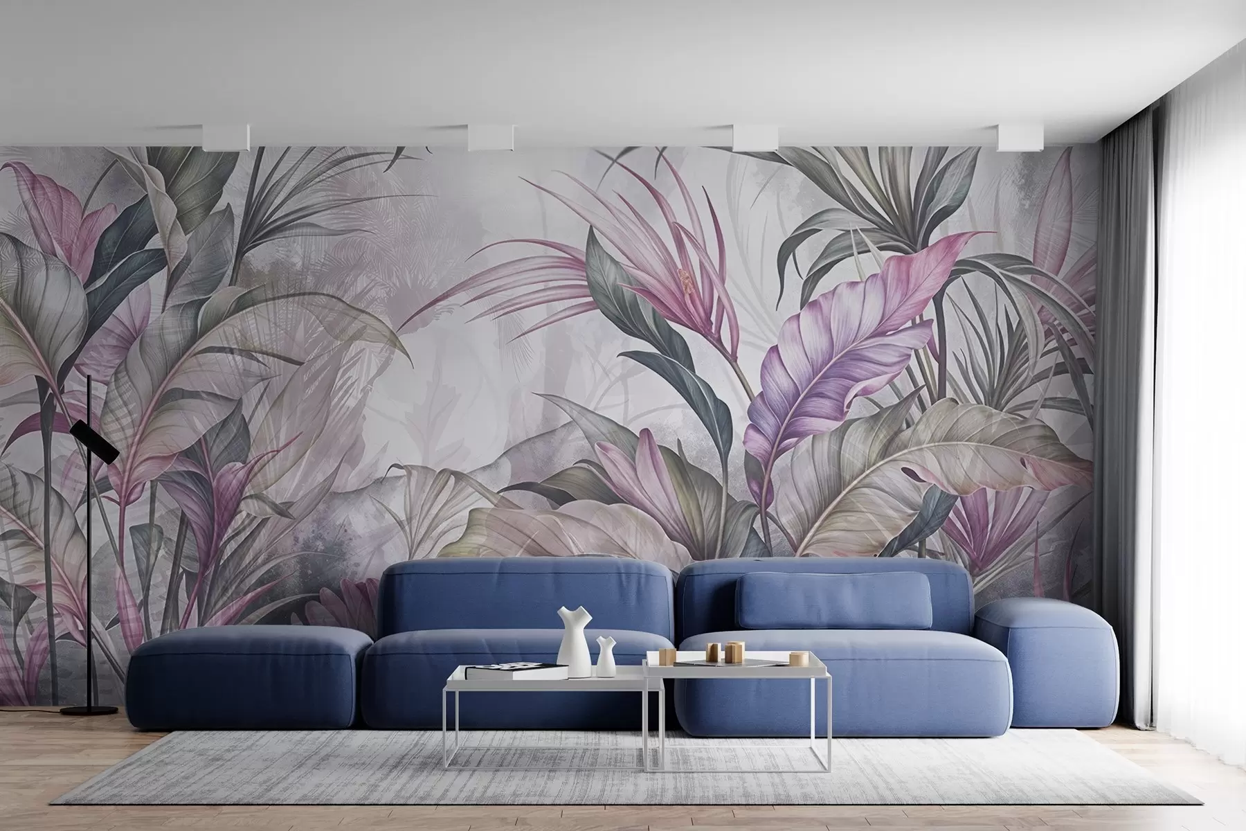 murales de pared Selva tropical con grandes hojas verdes y flores de protea rosa con fondo borroso texturizado w08375v1