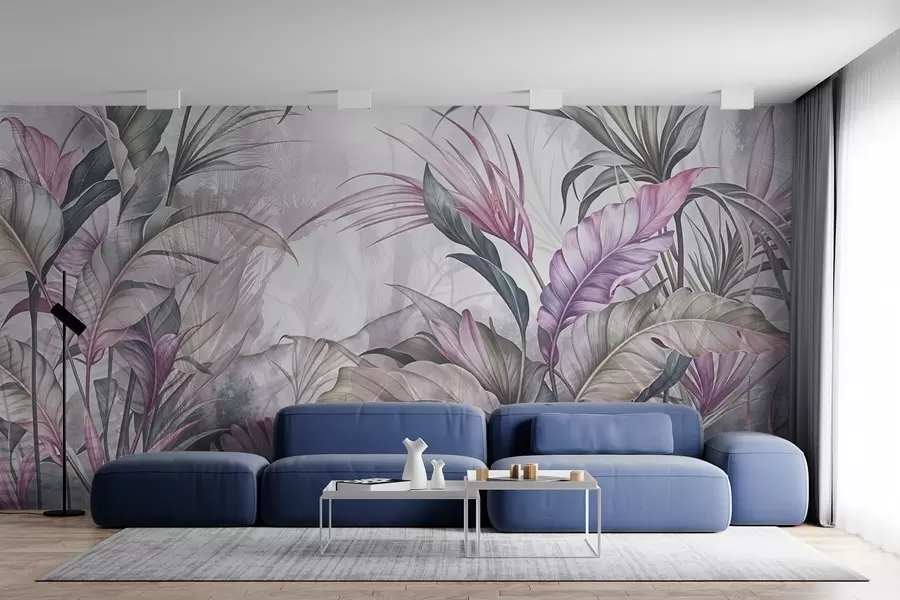 murales de pared Selva tropical con grandes hojas verdes y flores de protea rosa con fondo borroso texturizado w08375v1