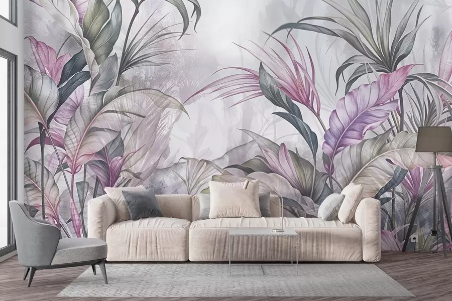 murales de pared Selva tropical con grandes hojas verdes y flores de protea rosa con fondo borroso texturizado w08375v1