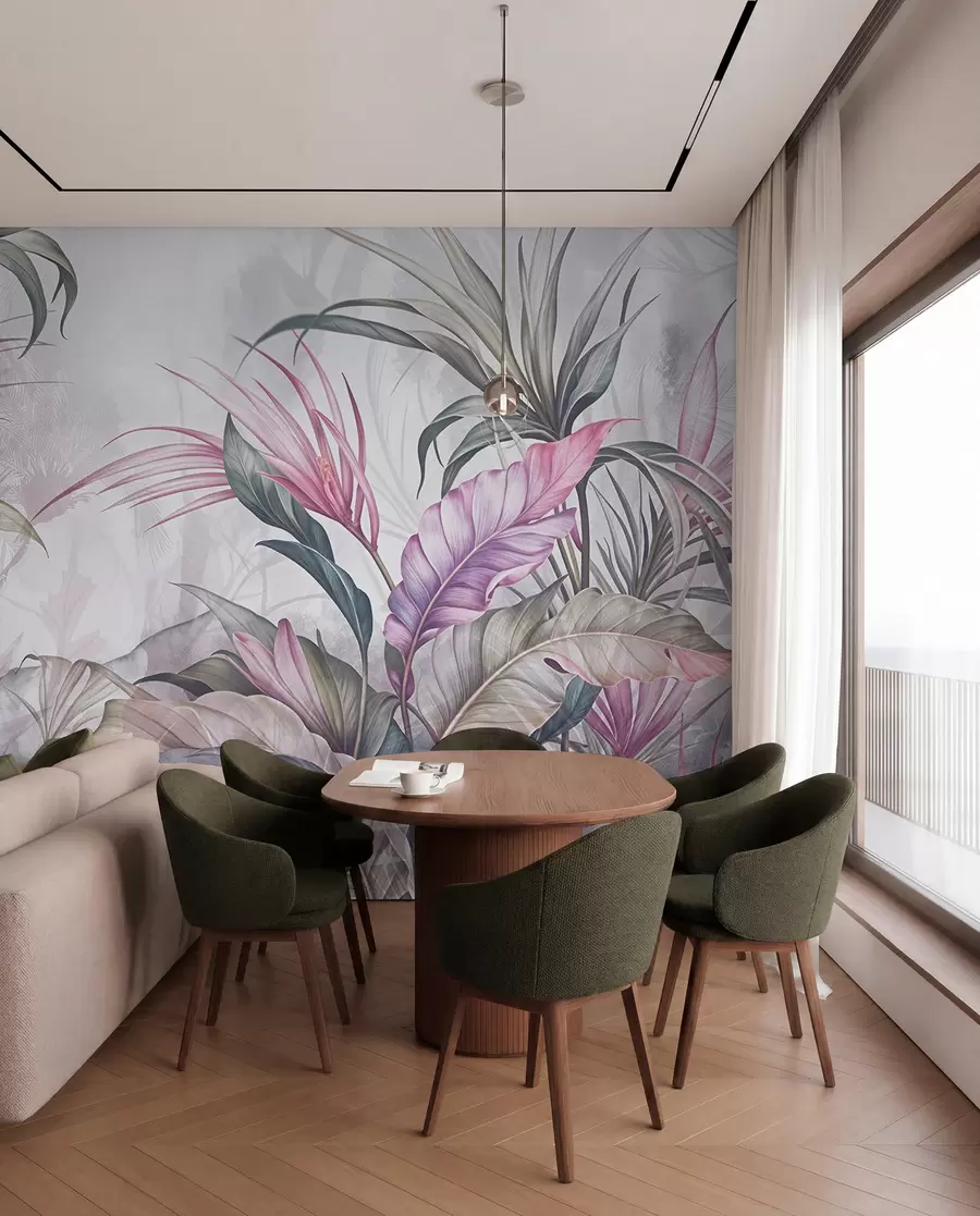 murales de pared Selva tropical con grandes hojas verdes y flores de protea rosa con fondo borroso texturizado w08375v1
