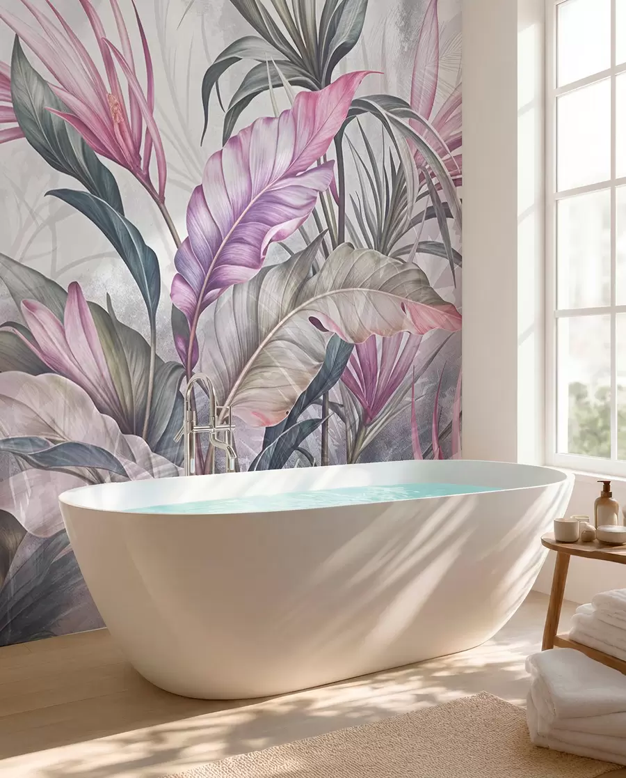 murales de pared Selva tropical con grandes hojas verdes y flores de protea rosa con fondo borroso texturizado w08375v1