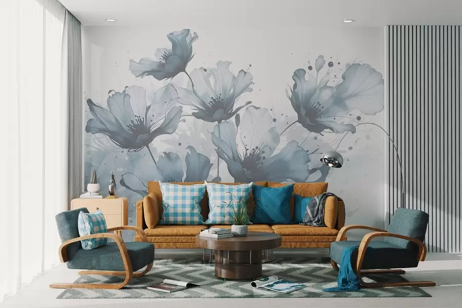 murales de pared Delicadas flores azules con suaves pétalos difuminados y salpicaduras de acuarela sobre un fondo claro w08376