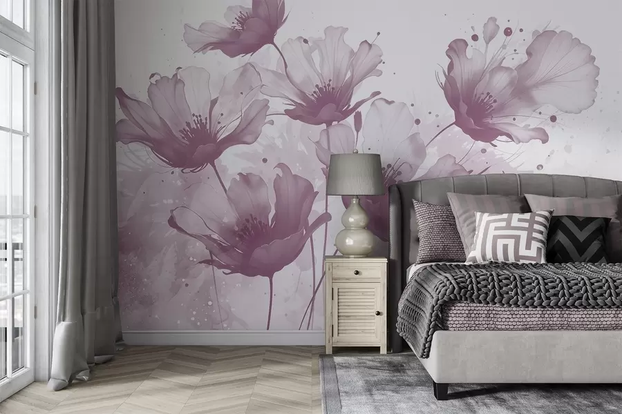 murales de pared Delicadas flores rosas con pétalos suaves y difuminados y salpicaduras de acuarela sobre un fondo claro w08376v2