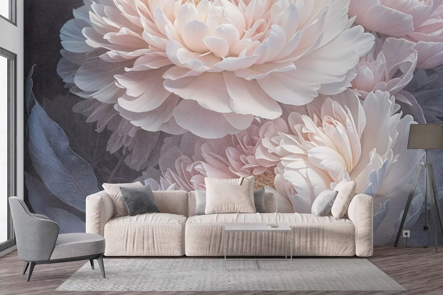 murales de pared Primer plano de dos grandes y delicadas peonías rosas con pétalos y hojas suaves y esponjosos sobre un fondo difuminado w08382