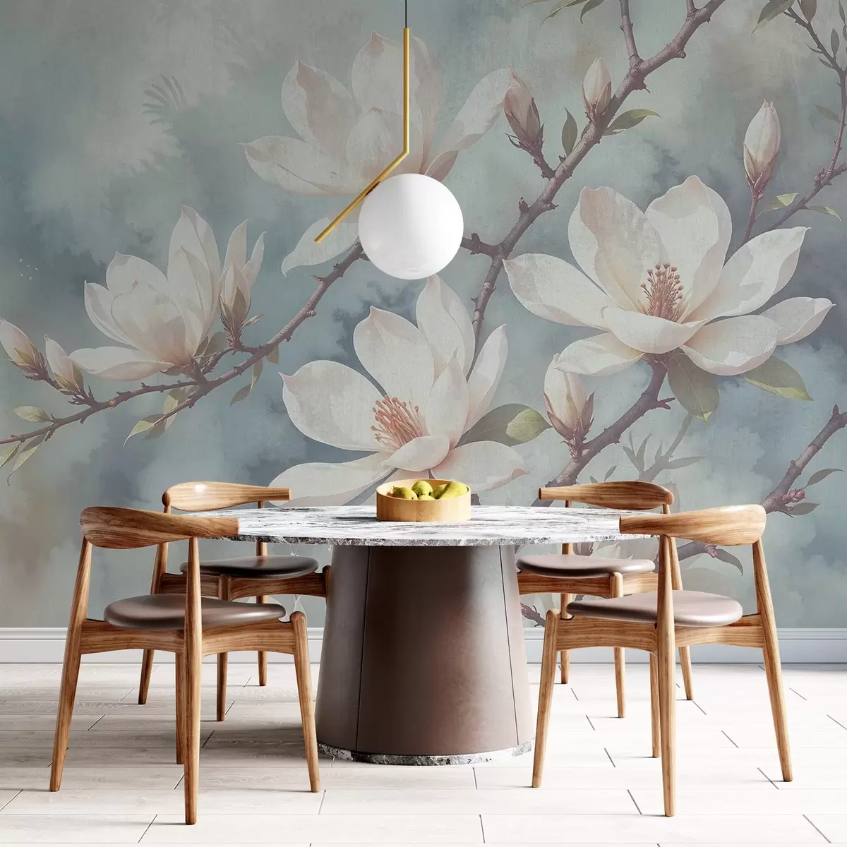 murales de pared Flores blancas de magnolia floreciendo en las ramas de los árboles sobre un fondo azul de textura suave y difuminada w08383
