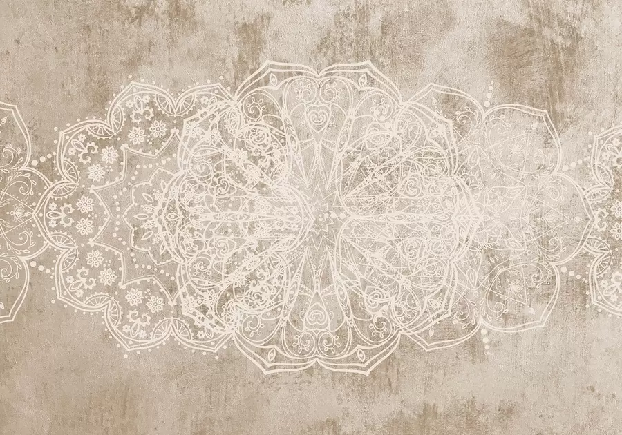 murales de pared Un detallado e intrincado dibujo de mandala de encaje blanco sobre un fondo de pared de color marrón beige con textura de loft w08387v1