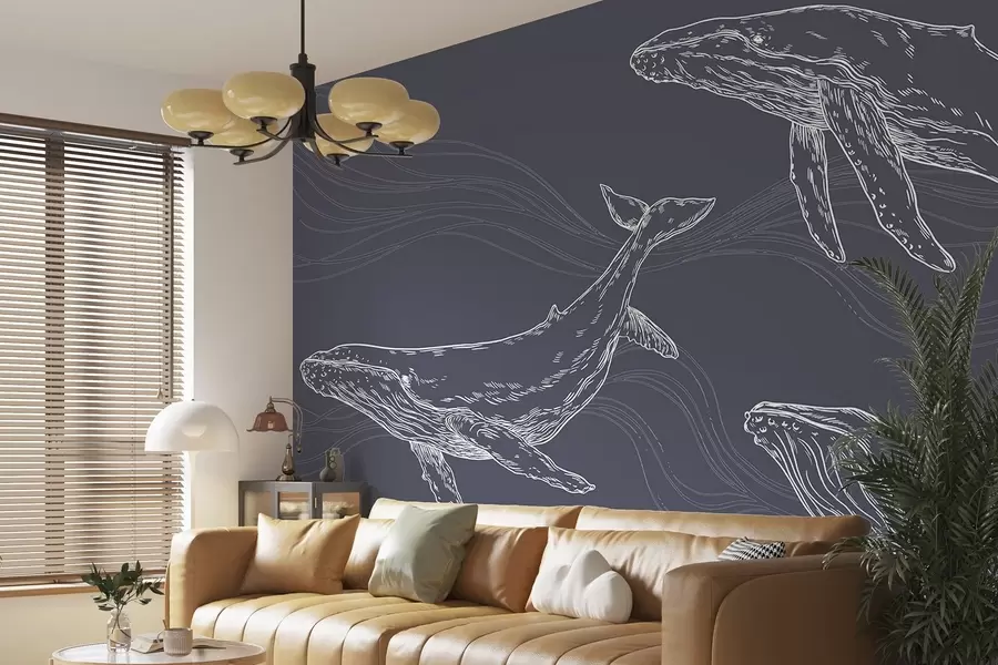 murales de pared Graciosas ballenas en movimiento oceánico u99733v1