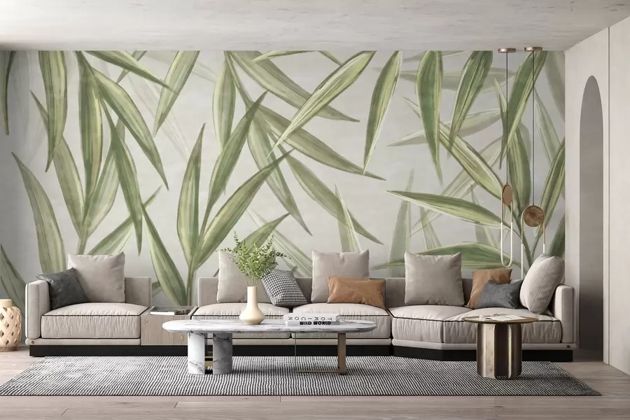 murales de pared Hojas exuberantes en suaves tonos de acuarela w00236