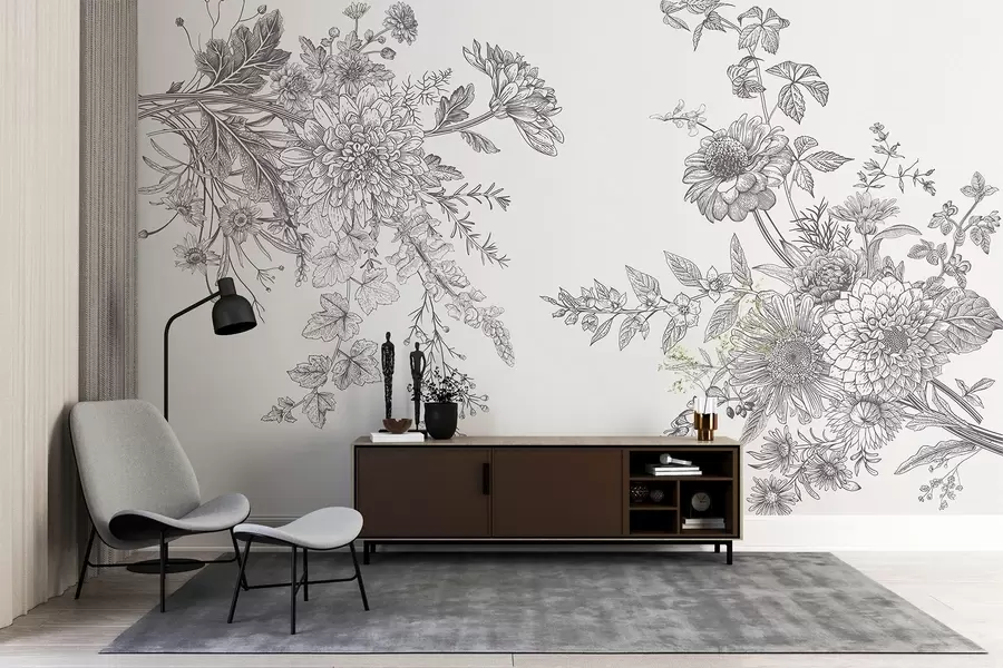 murales de pared Diseño floral intrincado en monocromo w00381v2