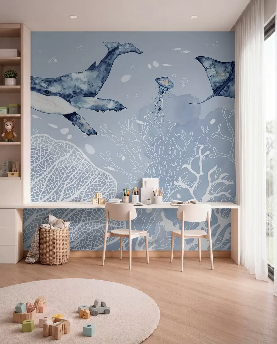 murales de pared Ballena sobre coral blanco w00848